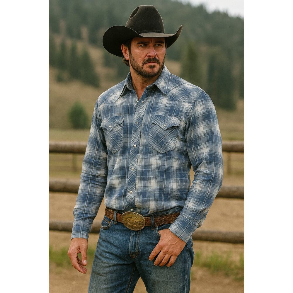 Wrangler Wrancher Shirt Medium Pearl Snap Blue Plaid Sz XLT Western Rodeo
